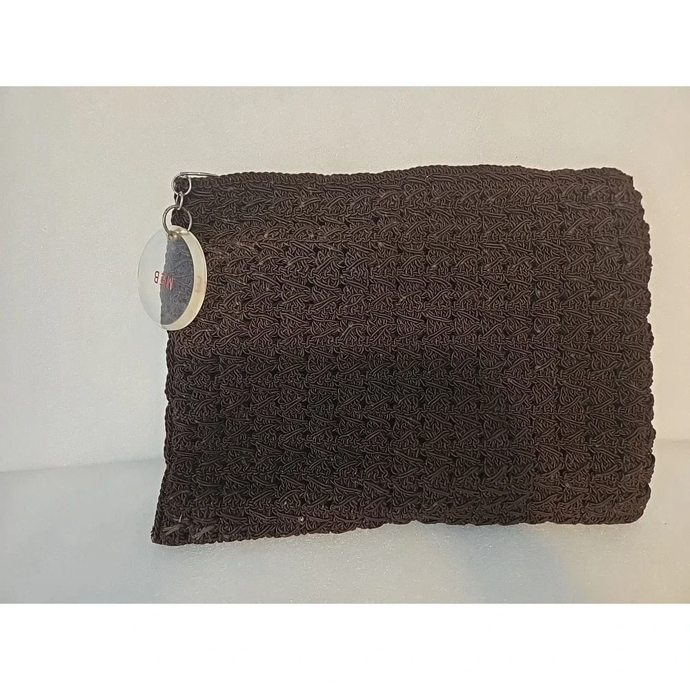 Vintage M.E. Product Large Chocolate Brown Crochet Clutch Bag Lucite Pull